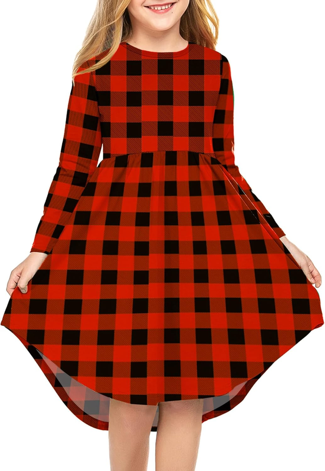 Girls Dress Kids Holiday Casual Long Sleeve High Low Swing Midi Dresses