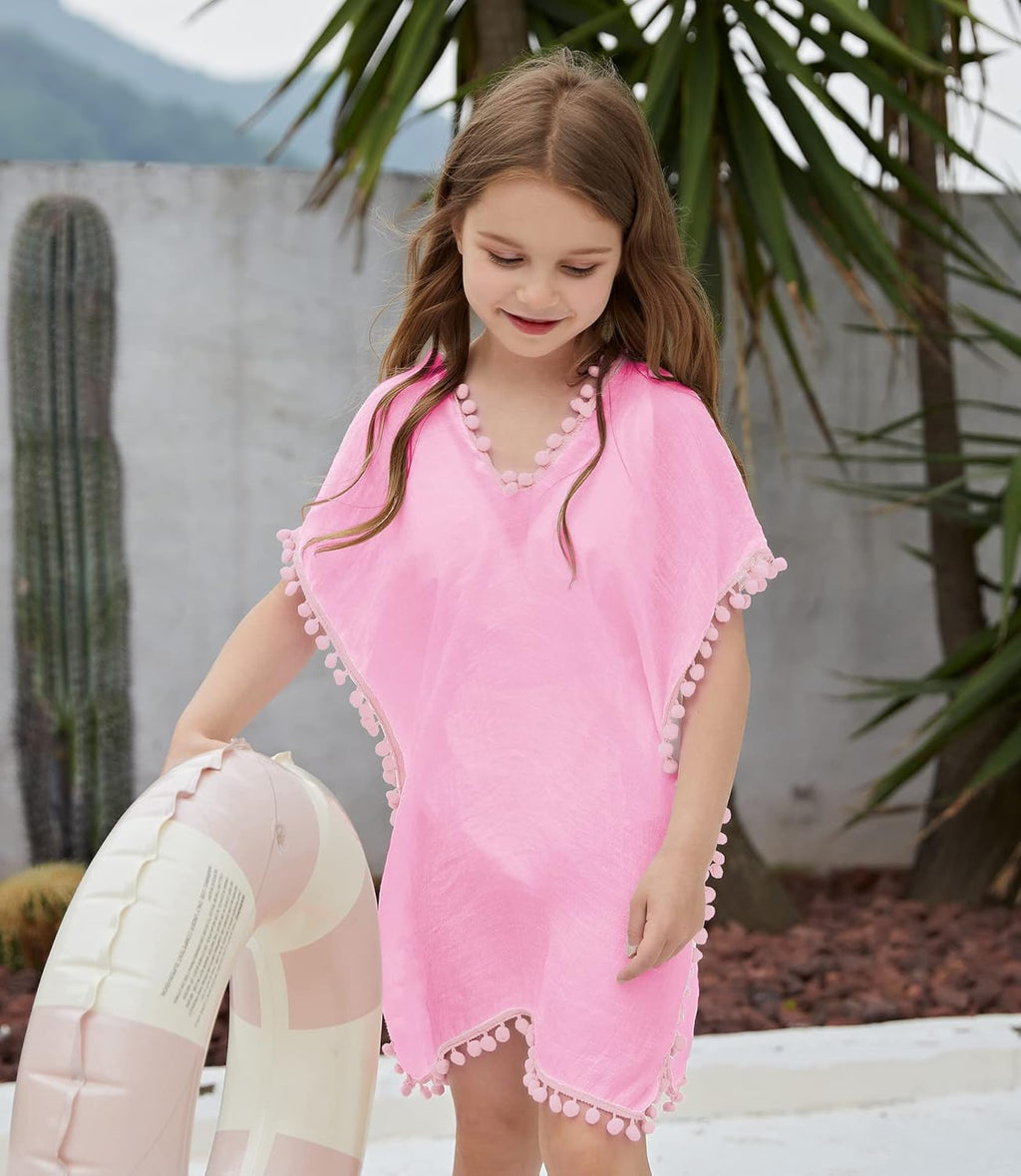 Girls Swim Cover up Beach Swimwear Coverup Swimsuit Wraps with Pom Pom Trim